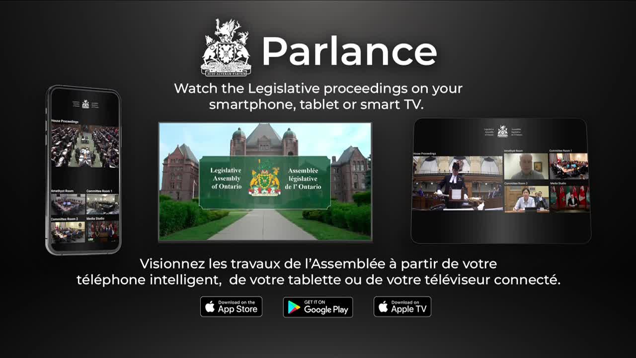 The Legislative Assembly of Ontario is represented on a screen, with a view of the building and a sign. On other screens, the Parlance app shows live proceedings from various rooms.
