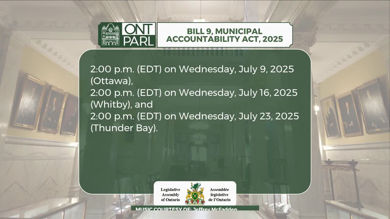 The Legislative Assembly of Ontario's proceedings are being broadcast, with a green screen displaying dates and times for Bill 9's discussion in Ottawa, Whitby, and Thunder Bay. The room's architecture is visible in the background, and the "ONT PARL" logo is at the top.
