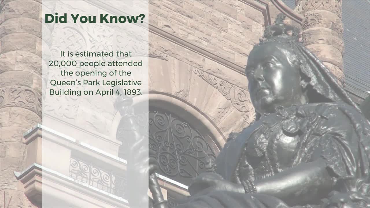 A statue of Queen Victoria, in front of the Legislative Assembly of Ontario, stands in stark contrast to the building's stone facade. The image includes a "Did You Know?" factoid about the building's opening in 1893.
