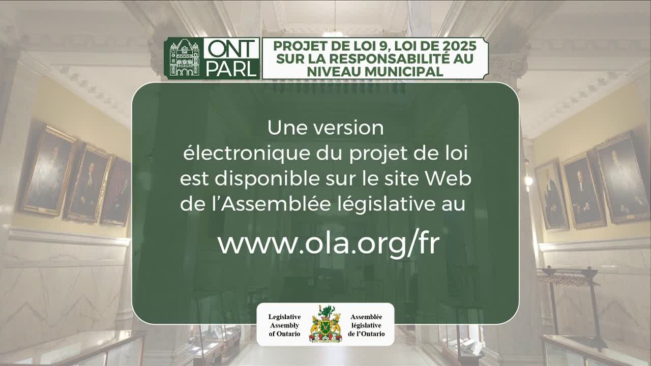 A green screen displays information about a bill before the Legislative Assembly of Ontario. The text directs viewers to the Assembly's website for an electronic version of the legislation.
