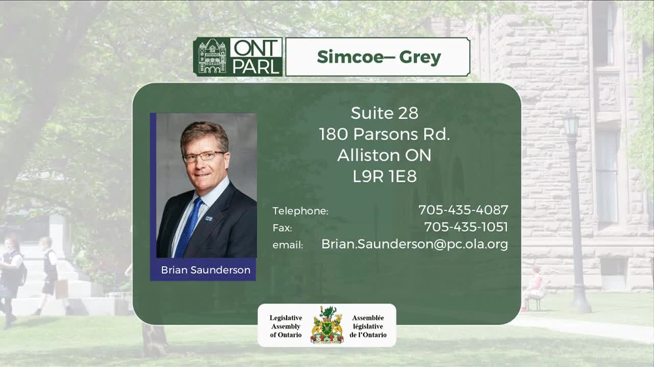 A business card for Brian Saunderson, representing Simcoe-Grey in the Legislative Assembly of Ontario, is displayed. The card provides contact information, including an email address and phone numbers, with a picture of Saunderson in a suit.
