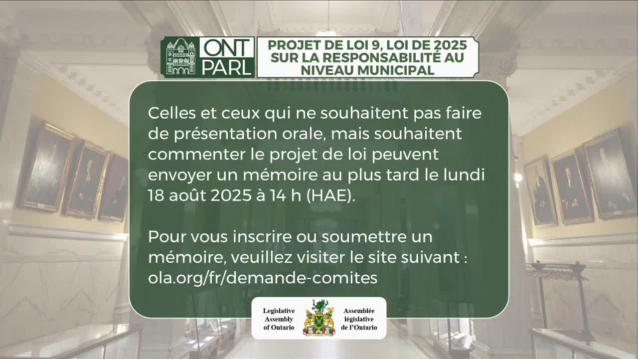 The Legislative Assembly of Ontario logo sits at the bottom of the screen, framing a notice about a bill. Text in French details how to submit comments on the bill by a specific date.
