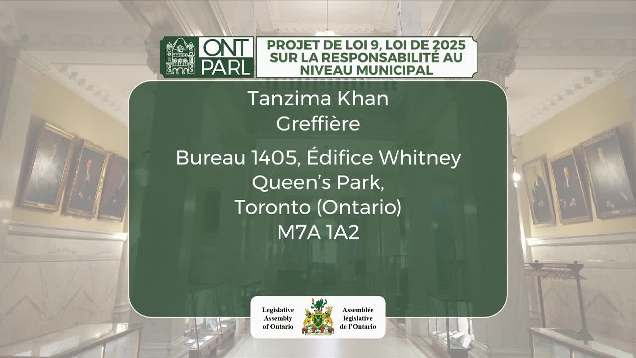A screen displays information, including the name Tanzima Khan, the title Greffière, and an address at Queen's Park in Toronto, Ontario. The Legislative Assembly of Ontario and the Assemblée législative de l'Ontario logos are visible at the bottom.
