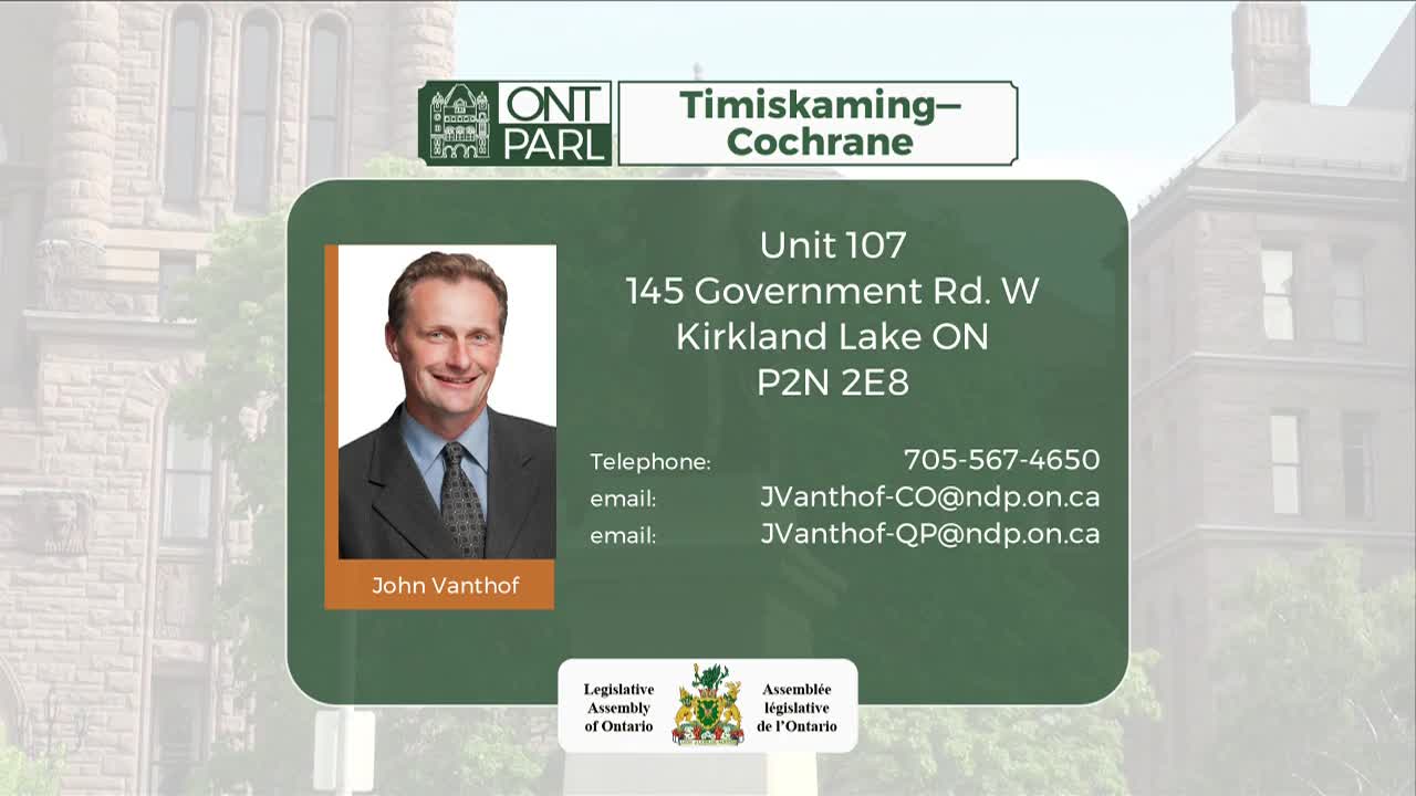 A graphic with contact information for John Vanthof, a member of the Legislative Assembly of Ontario, is displayed. The background shows a portion of a building, likely in Canada.
