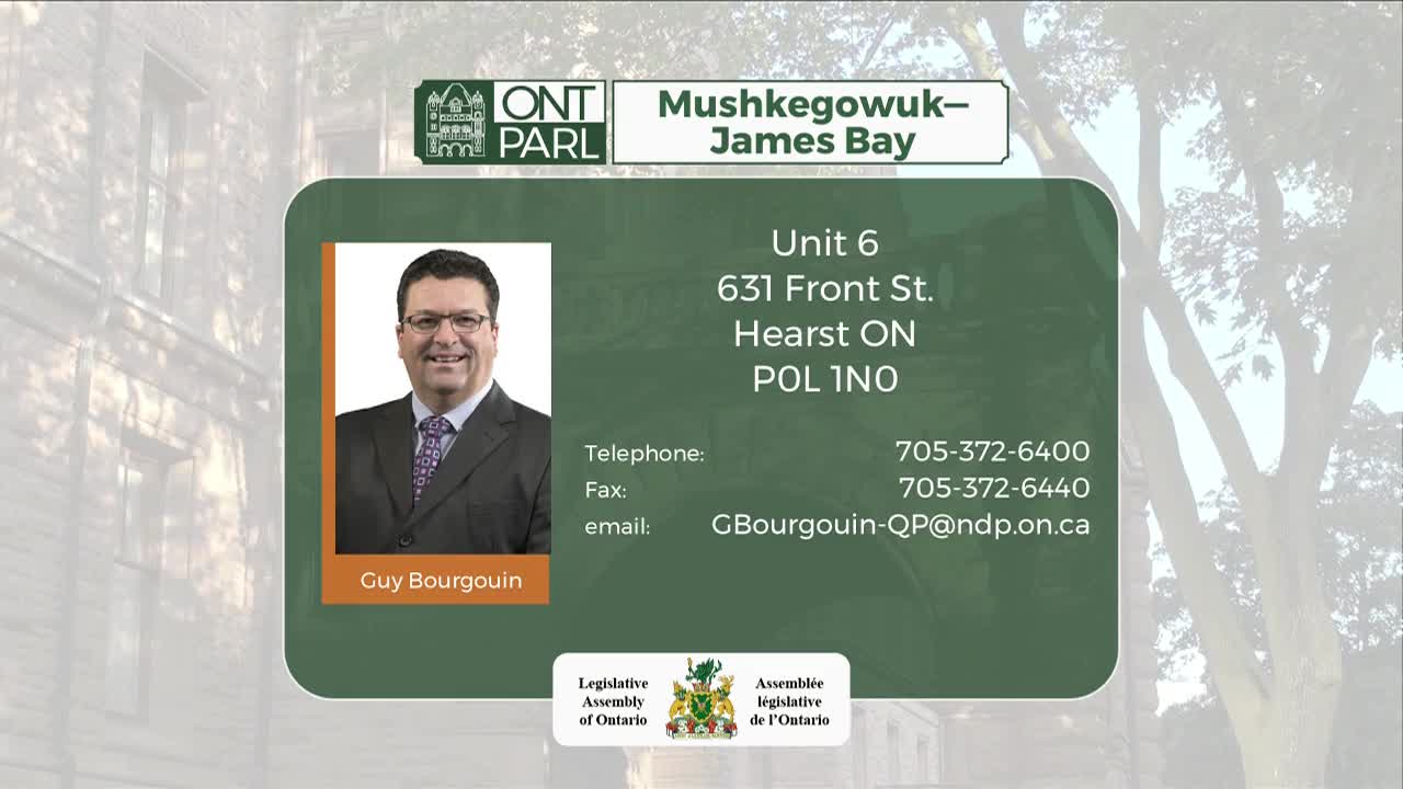 A business card-like graphic features a portrait of Guy Bourgouin, the MPP for Mushkegowuk-James Bay in the Legislative Assembly of Ontario. Contact information, including an email address, is listed below the image of the politician.
