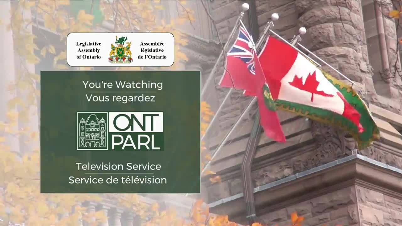 The Canadian flag, along with the Ontario flag, waves gently in the breeze against the backdrop of a stone building. A green box announces that you're watching the Ontario Legislative Assembly's television service.
