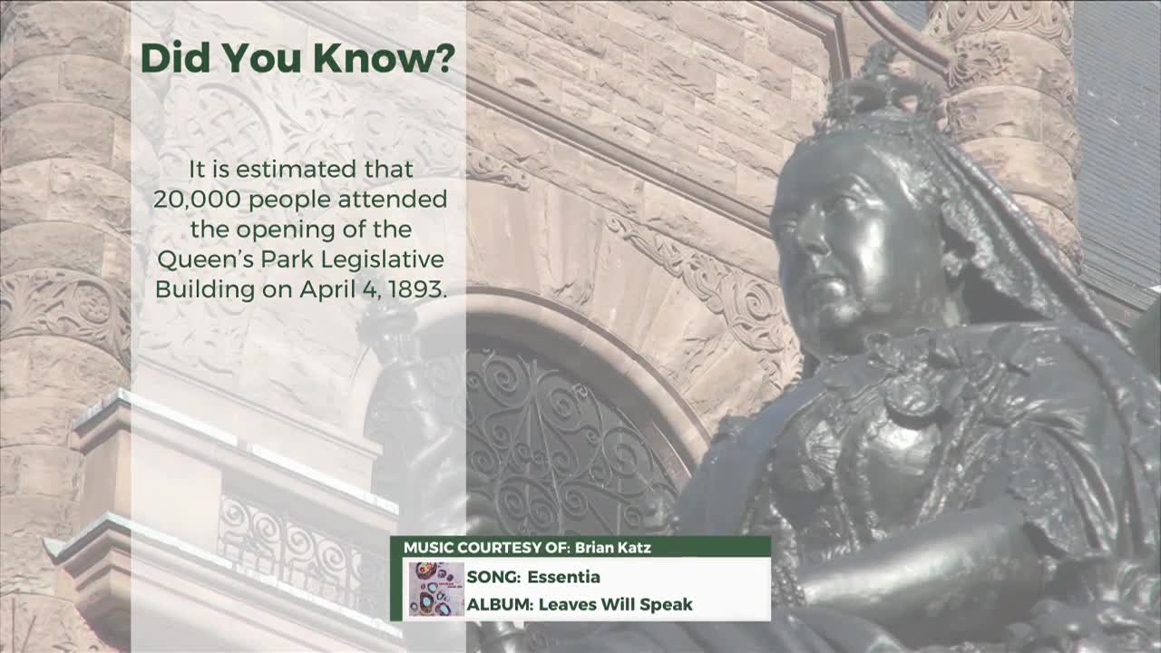 Queen Victoria's statue, in front of the Legislative Assembly of Ontario, stands in the sunlight. A "Did You Know?" graphic shares facts about the building's opening in 1893.
