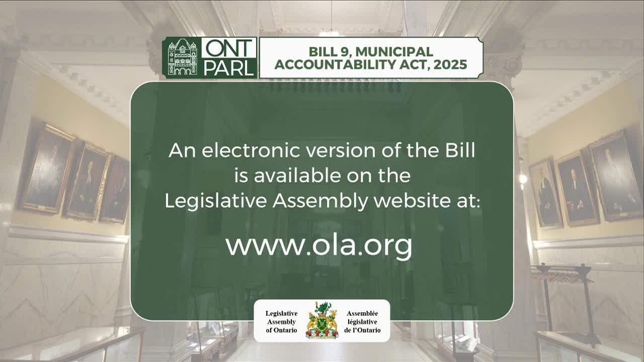 A large, green box dominates the foreground, with text directing viewers to the Legislative Assembly of Ontario's website for Bill 9. The background shows a hallway in the Legislative Assembly, with portraits hanging on the walls.
