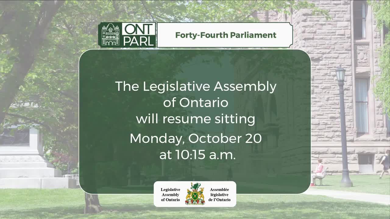 A green graphic announces the Legislative Assembly of Ontario will resume sitting on October 20th. The text sits against a backdrop of a building and green space.
