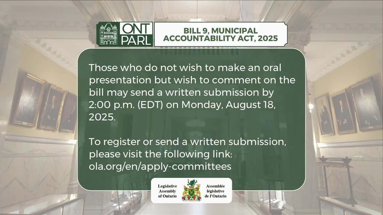 A notice from the Legislative Assembly of Ontario about Bill 9 is displayed on a screen. It tells people how to submit comments by a specific date and time.
