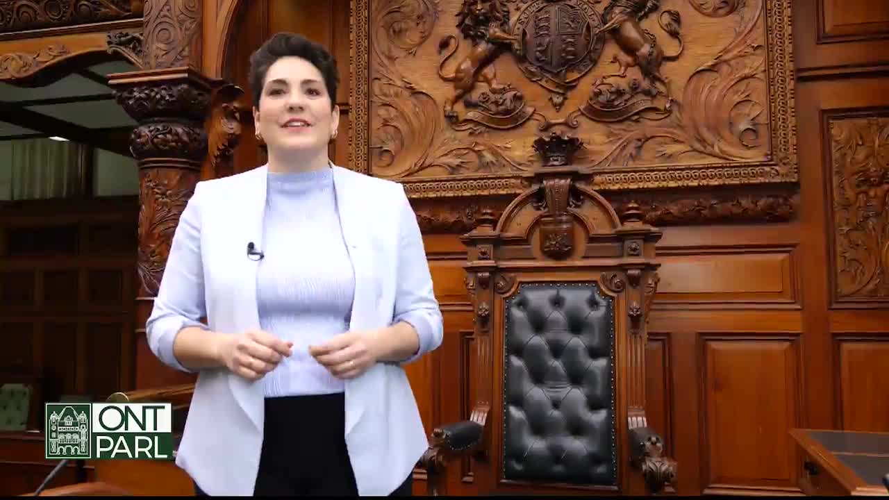 A woman in a light blue blazer and black pants stands in the Legislative Assembly of Ontario. She gestures with her hands, framed by the ornate wood carvings behind her.

