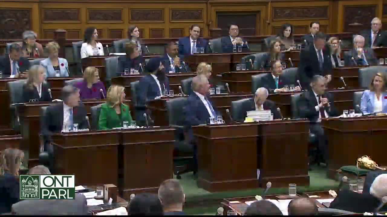 In the Legislative Assembly of Ontario, a man in a dark suit is standing, gesturing while he speaks. The other members of the assembly are seated, listening and watching.
