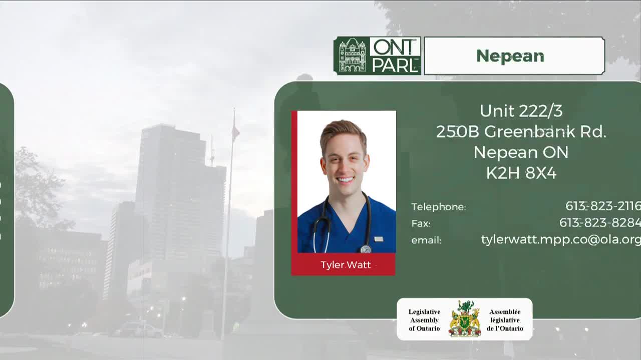 A photo of Tyler Watt, a member of the Legislative Assembly of Ontario, is displayed alongside his contact information. The background shows a cityscape, likely Ottawa, where Nepean is located.
