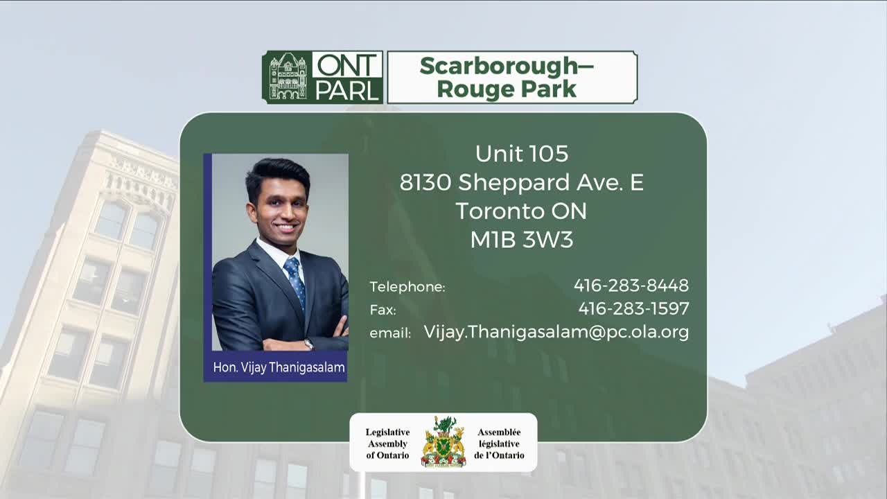 A headshot of Hon. Vijay Thanigasalam, a member of the Legislative Assembly of Ontario, is displayed alongside his contact information. The background features a building and the logo of the Ontario Parliament.
