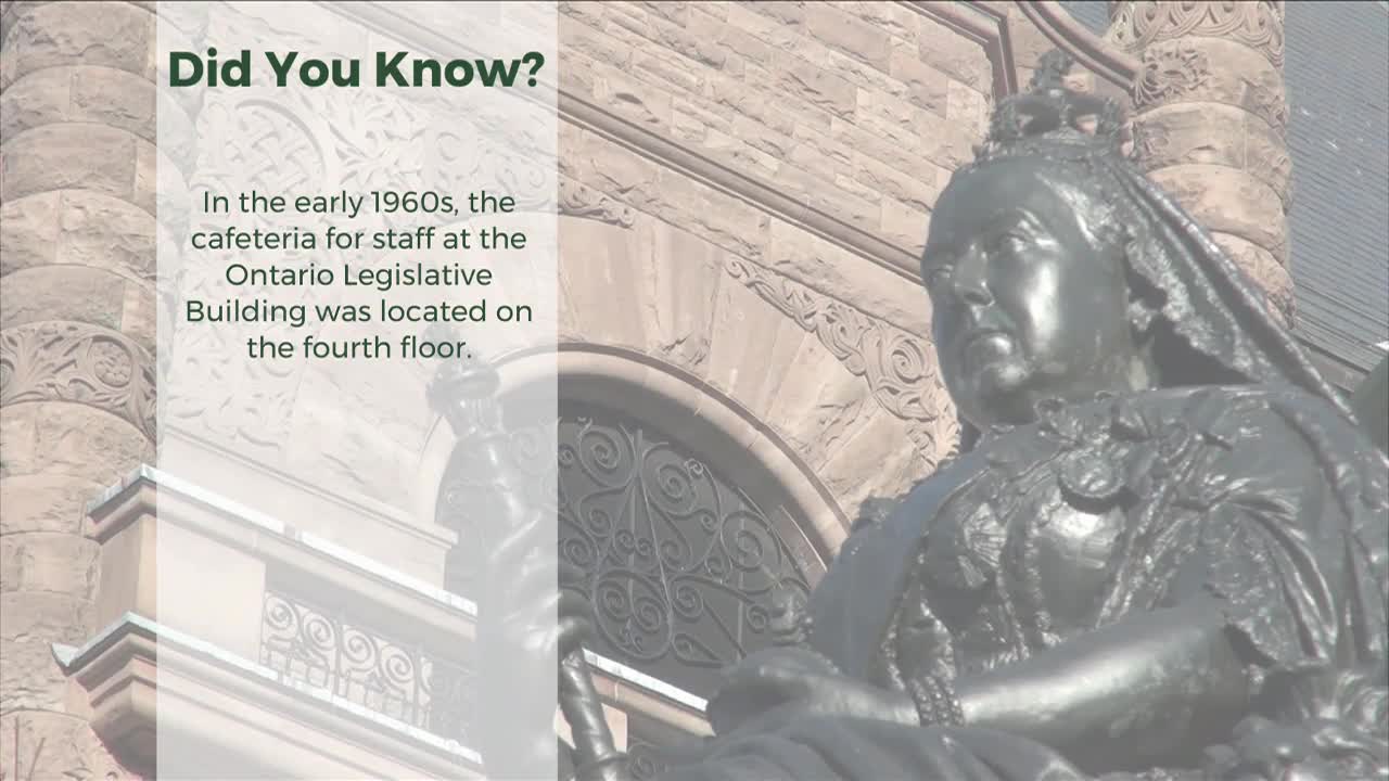A bronze statue of Queen Victoria stands in front of the Ontario Legislative Building. The building's stone facade is visible, and a "Did You Know?" fact is presented on the left.
