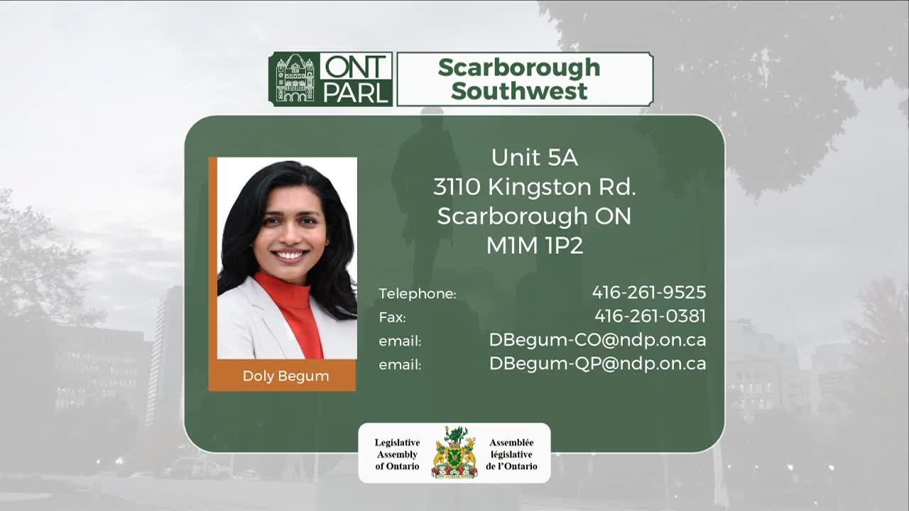 A smiling woman, Doly Begum, is pictured in a small square, her name printed below. The Legislative Assembly of Ontario and contact information for Scarborough Southwest are displayed in a graphic.

