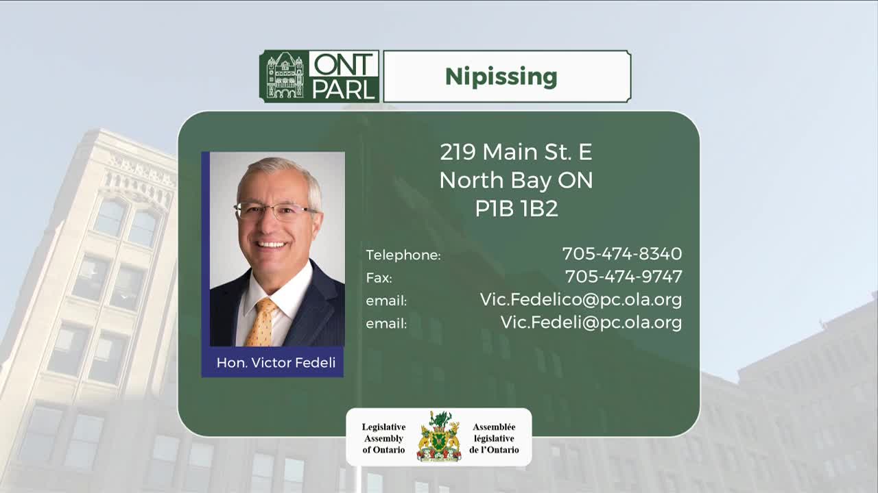 A headshot of Hon. Victor Fedeli, the member from Nipissing, is displayed alongside his contact information. The Legislative Assembly of Ontario's logo is visible at the bottom.
