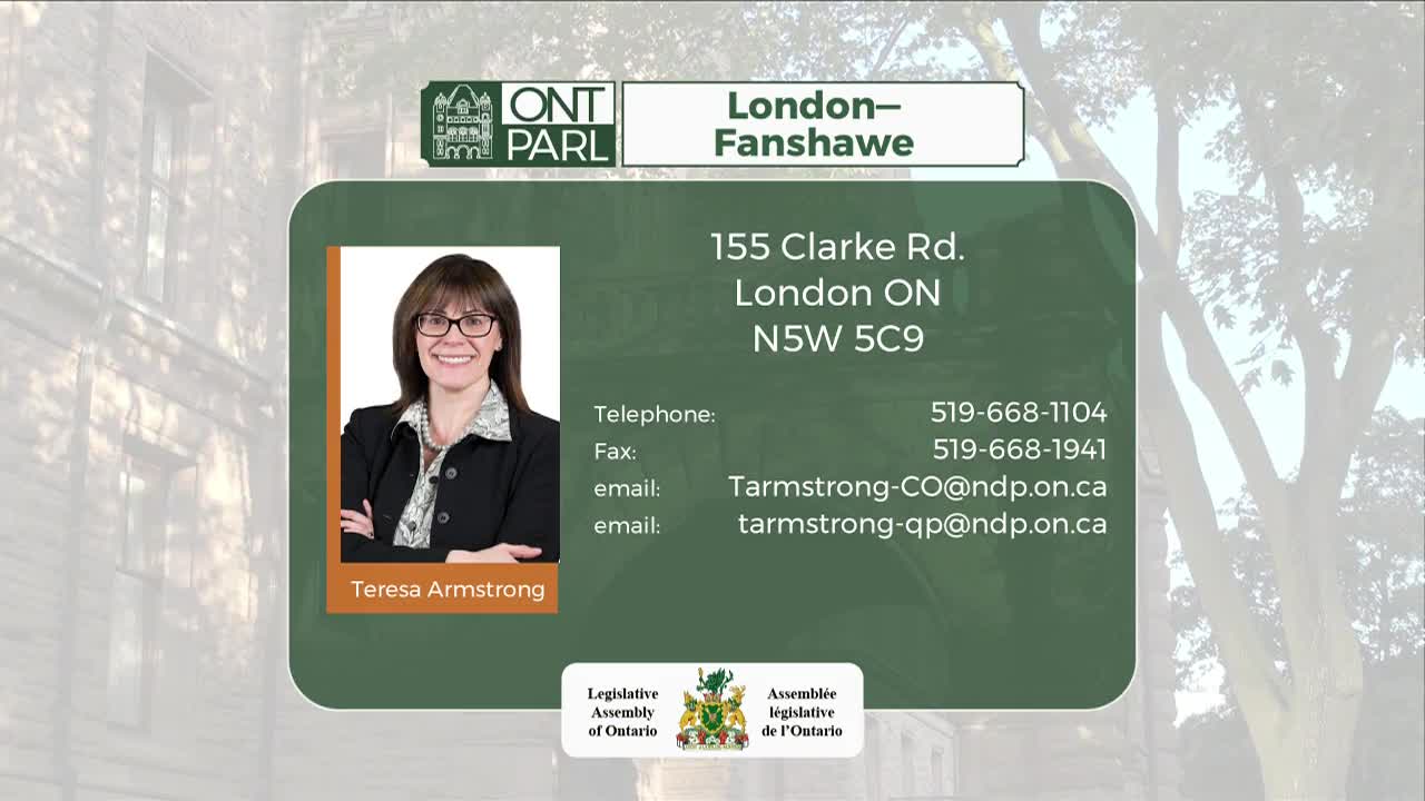 A contact card for Teresa Armstrong, representing London-Fanshawe in the Legislative Assembly of Ontario, is displayed. Her photo and contact information, including an email address, are visible on the green background.
