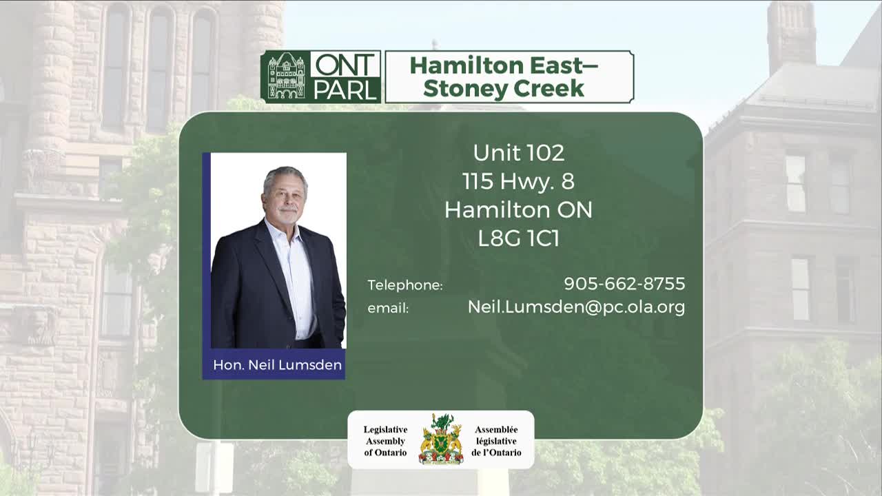A photo of Hon. Neil Lumsden, a member of the Legislative Assembly of Ontario, is displayed within a green-colored information card. The card also lists contact details for his office in Hamilton, Ontario.
