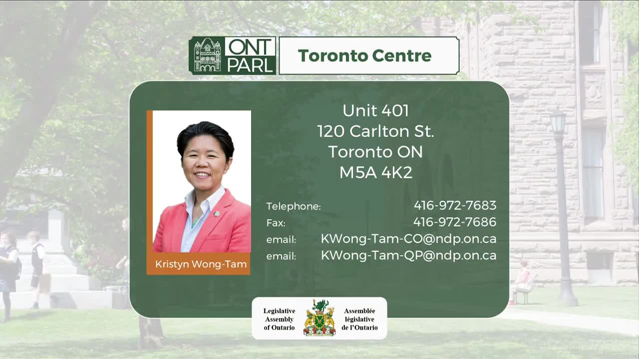 A smiling woman in a pink blazer is featured alongside contact information for a Toronto Centre representative. The Legislative Assembly of Ontario logo sits at the bottom of the screen.
