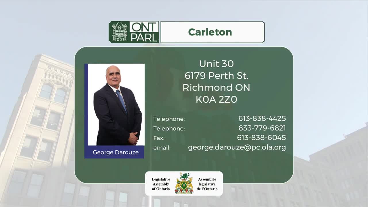 A business card-style graphic displays contact information for George Darouze, a member of the Legislative Assembly of Ontario representing Carleton. Below his photo, the address and phone numbers are listed against a green background.
