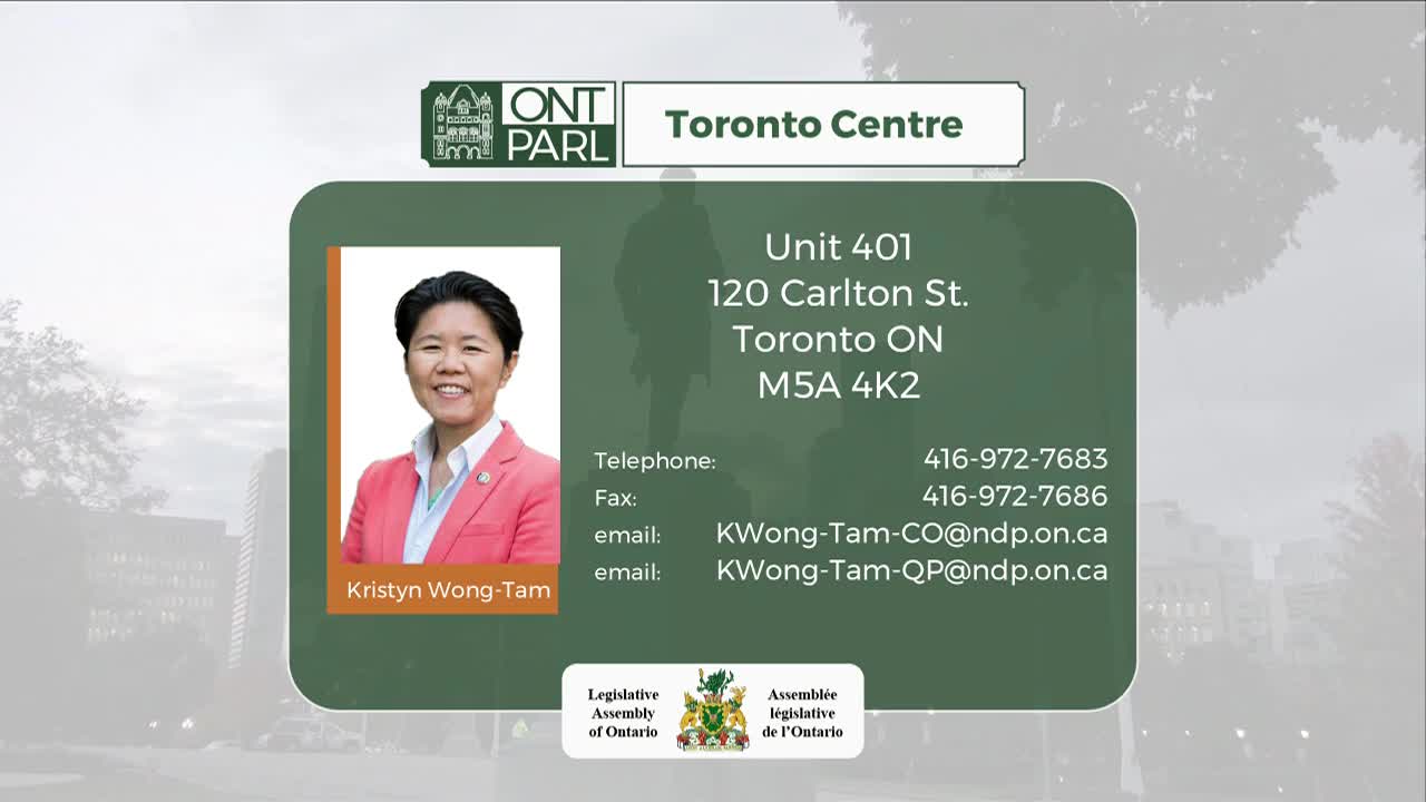 Kristyn Wong-Tam's photo and contact information are displayed within a green frame. The Legislative Assembly of Ontario logo sits at the bottom.
