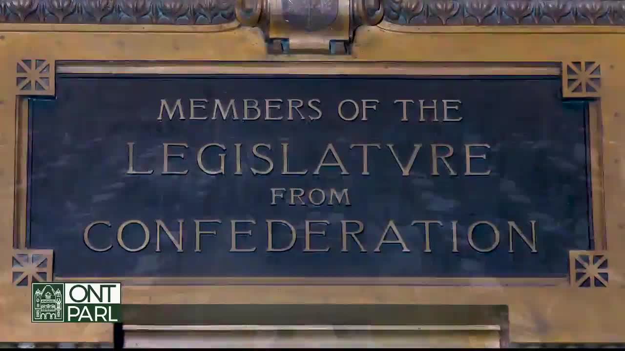 A plaque, framed in gold, displays the words "Members of the Legislature from Confederation." The Ontario Parliament logo sits in the lower left corner.
