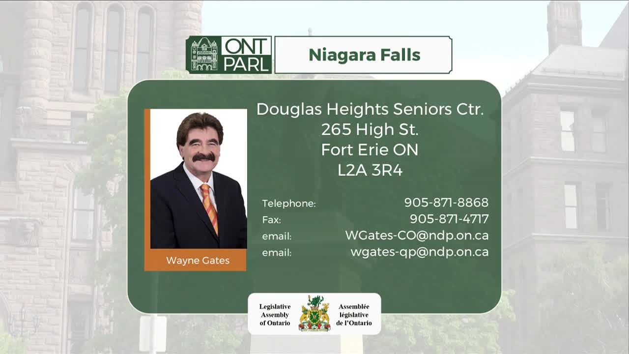 Wayne Gates' photo and contact information are displayed on a green background, framed by the logo of the Legislative Assembly of Ontario. The backdrop shows a building, likely in Canada, with a stone facade.
