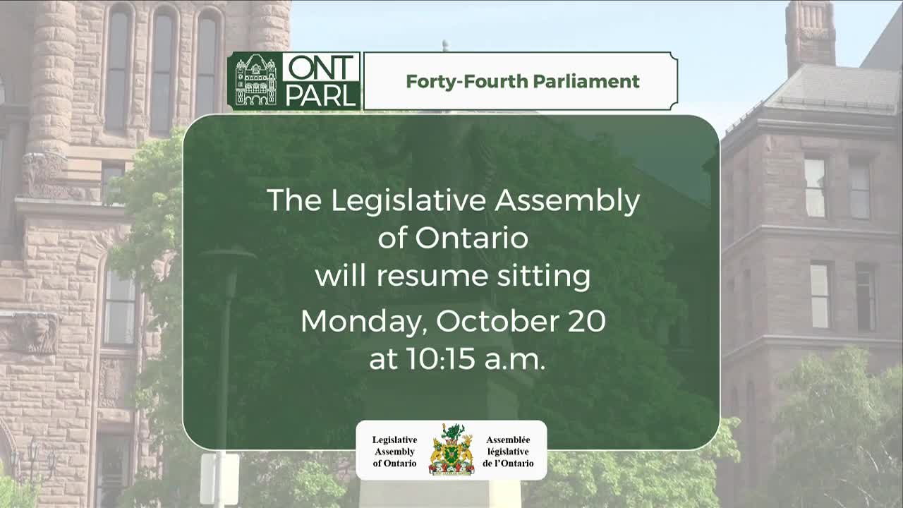 A green graphic announces the Legislative Assembly of Ontario will resume sitting on October 20th. The text is framed by a background of the Ontario Legislative Building.
