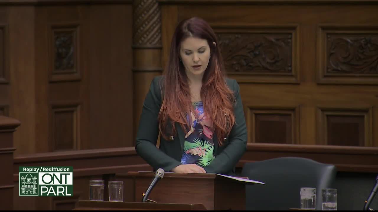 A woman with long, red hair stands at a podium in the Legislative Assembly of Ontario, reading from a document. Her gaze is fixed downward as she speaks into a microphone.
A woman with long, red hair stands at a podium in the Legislative Assembly of Ontario, reading from a document. Her gaze is fixed downward as she speaks into a microphone.