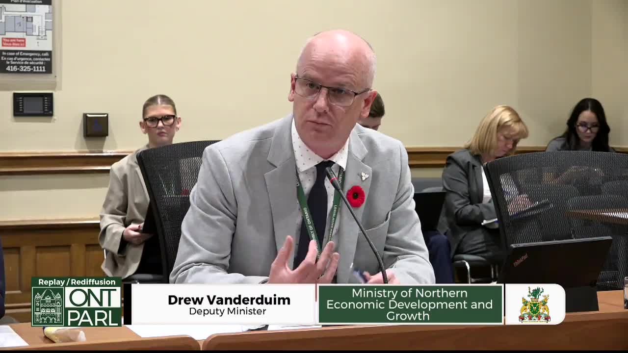 At the Legislative Assembly of Ontario, Drew Vanderduim, Deputy Minister of Northern Economic Development and Growth, is speaking, gesturing with his hands. A red poppy is pinned to his lapel.
At the Legislative Assembly of Ontario, Drew Vanderduim, Deputy Minister of Northern Economic Development and Growth, is speaking, gesturing with his hands. A red poppy is pinned to his lapel.