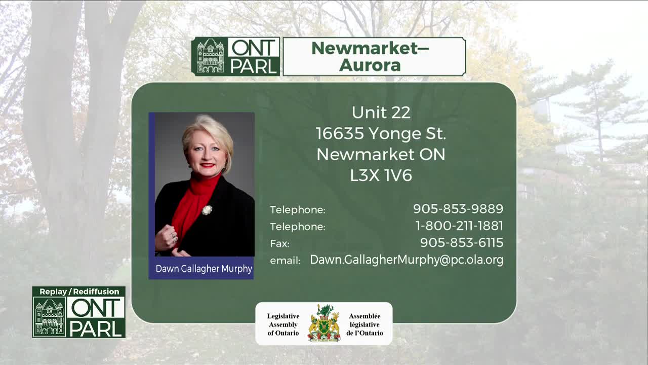 A screen displays contact information for Dawn Gallagher Murphy, the MPP for Newmarket-Aurora, including her address in Ontario. The Legislative Assembly of Ontario's logo is visible in the lower right corner.
A screen displays contact information for Dawn Gallagher Murphy, the MPP for Newmarket-Aurora, including her address in Ontario. The Legislative Assembly of Ontario's logo is visible in the lower right corner.
