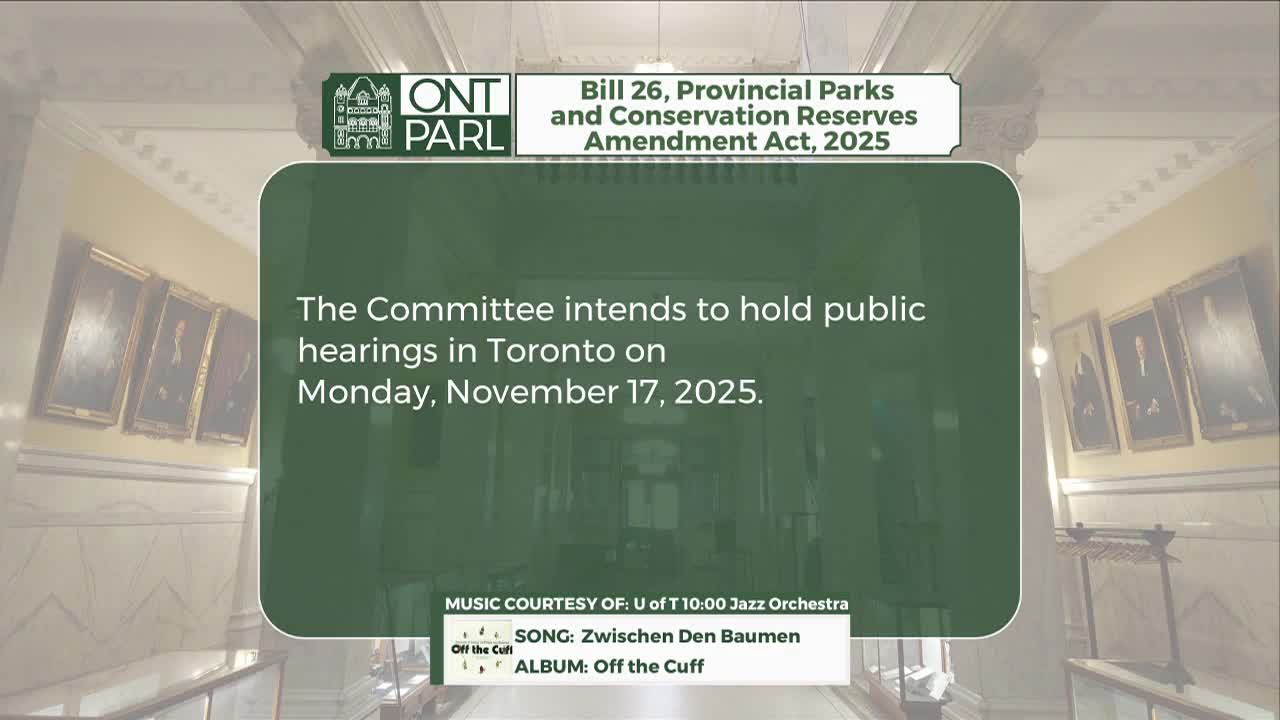 A green information box against the backdrop of a hallway in the Ontario Legislative Assembly announces upcoming public hearings. The text states the committee will meet in Toronto on Monday, November 17, 2025, regarding Bill 26.
A green information box against the backdrop of a hallway in the Ontario Legislative Assembly announces upcoming public hearings. The text states the committee will meet in Toronto on Monday, November 17, 2025, regarding Bill 26.