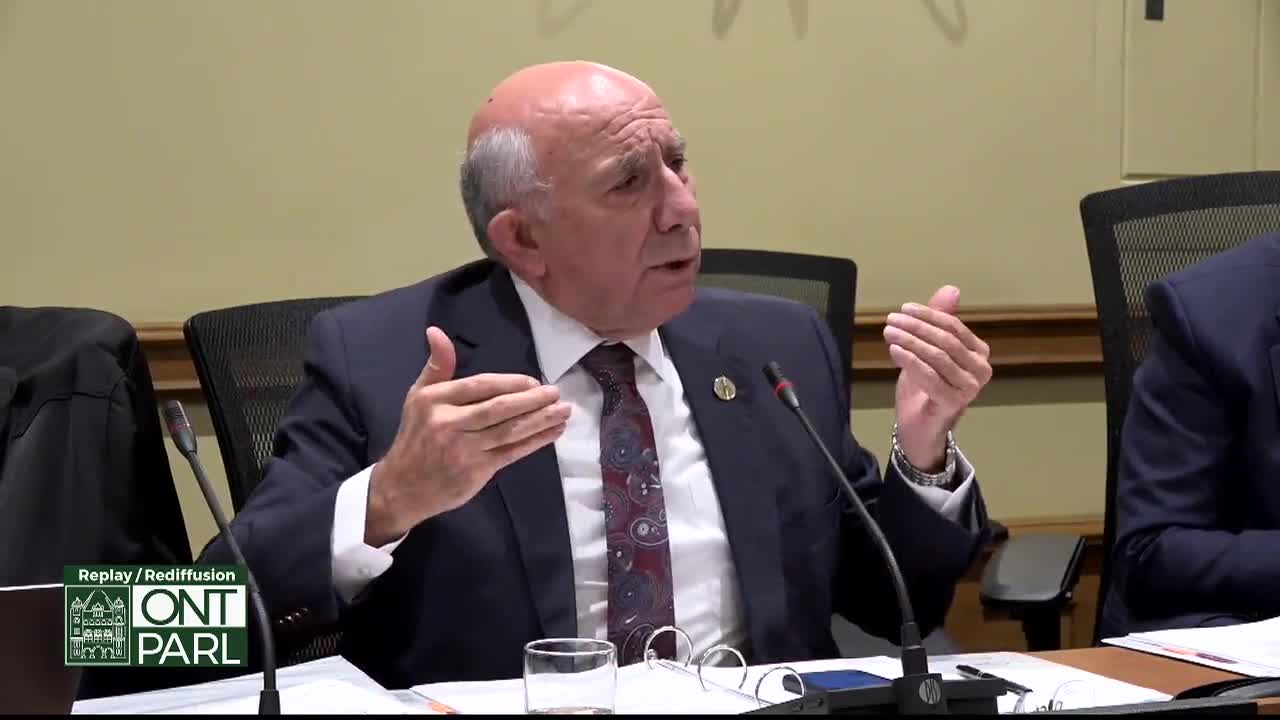 The man in the suit gestures with both hands as he speaks, his expression earnest. The Legislative Assembly of Ontario's logo is visible in the corner, indicating a recorded session.
The man in the suit gestures with both hands as he speaks, his expression earnest. The Legislative Assembly of Ontario's logo is visible in the corner, indicating a recorded session.