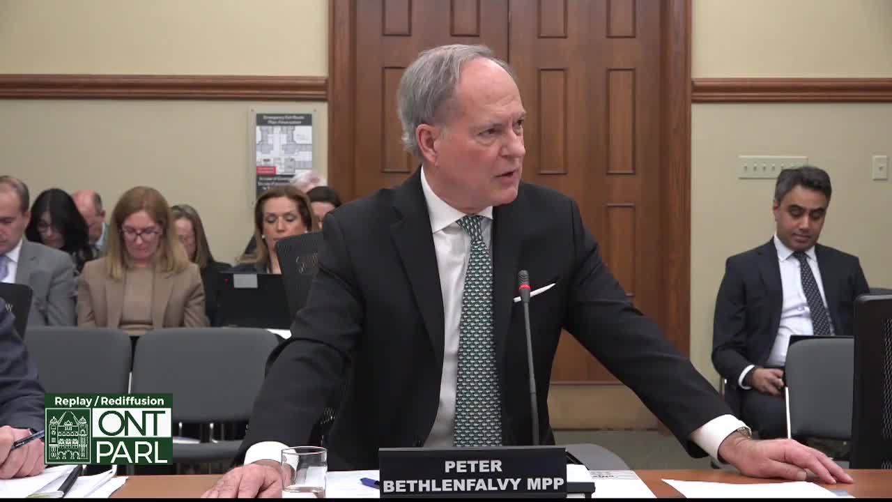 Peter Bethlenfalvy, MPP, gestures with his right hand as he speaks, the Ontario Legislative Assembly logo visible in the corner. Behind him, other members of the assembly sit, some looking down at their papers.
Peter Bethlenfalvy, MPP, gestures with his right hand as he speaks, the Ontario Legislative Assembly logo visible in the corner. Behind him, other members of the assembly sit, some looking down at their papers.