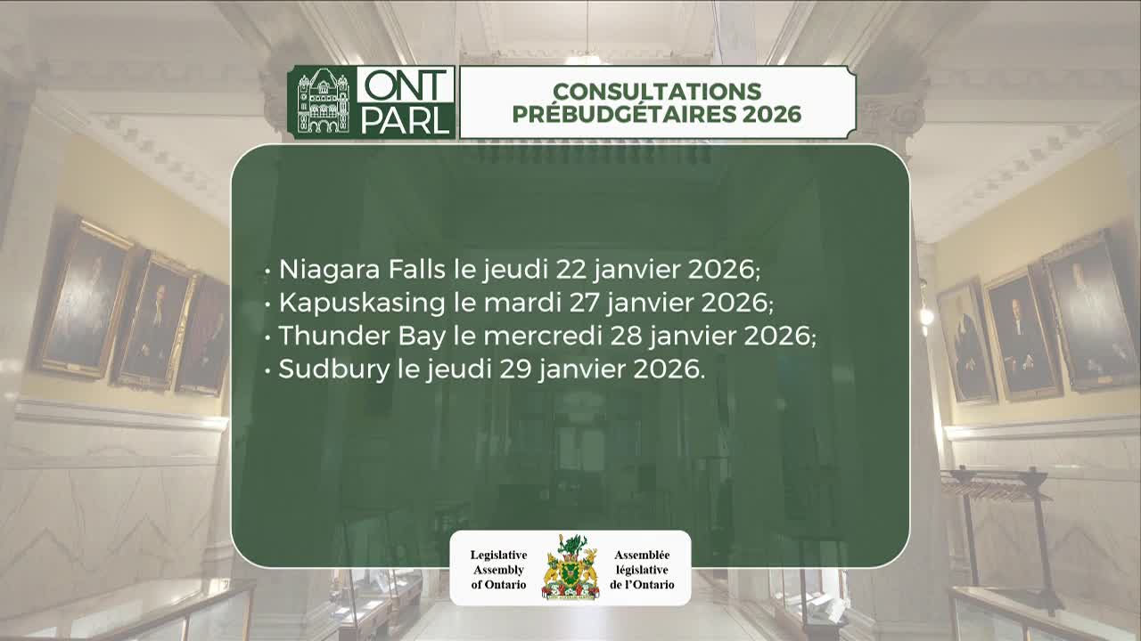 A green screen displays a schedule of pre-budget consultations for 2026, listing cities across Ontario. The Legislative Assembly of Ontario's logo is visible at the bottom.
A green screen displays a schedule of pre-budget consultations for 2026, listing cities across Ontario. The Legislative Assembly of Ontario's logo is visible at the bottom.
