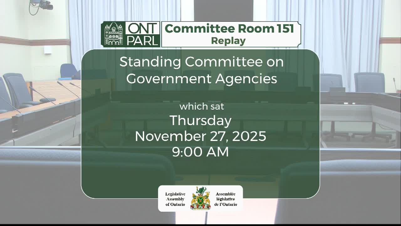 The Legislative Assembly of Ontario's Committee Room 151 is empty, but a replay screen shows a past meeting of the Standing Committee on Government Agencies. The date and time are clearly displayed: Thursday, November 27, 2025, at 9:00 AM.
