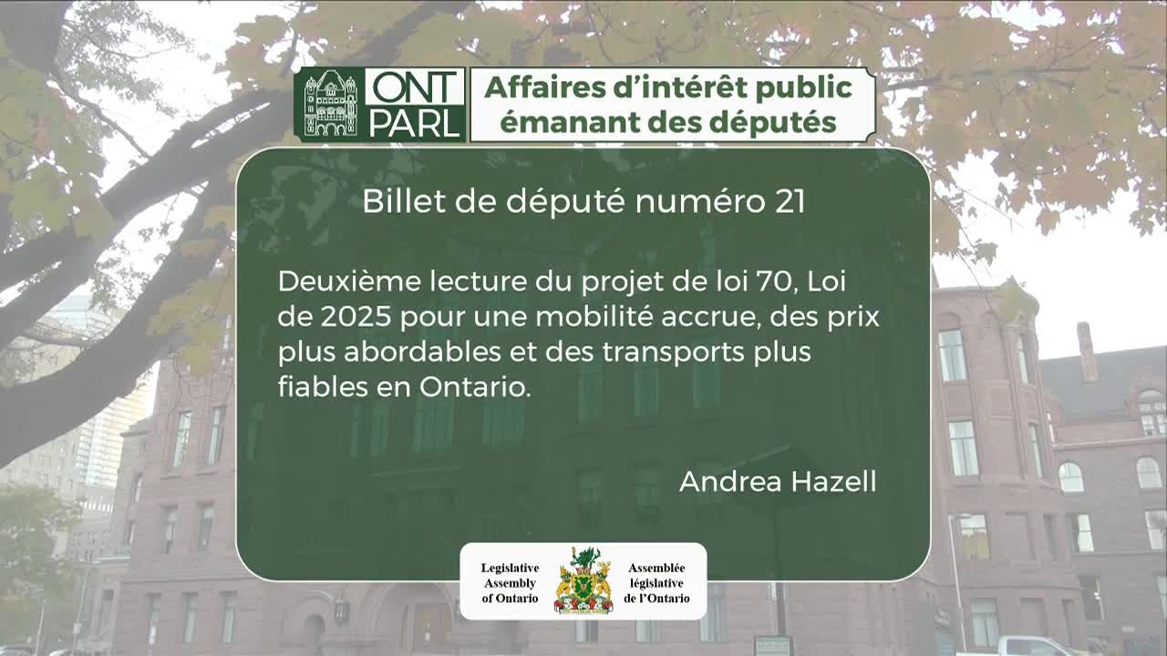The Legislative Assembly of Ontario is the backdrop for a green information card. It announces the second reading of Bill 70, focused on mobility and transportation in Ontario.
