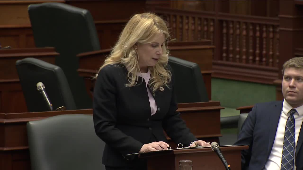 A woman in a black blazer speaks at a podium, her hands resting on the surface. Beside her, a man in a suit listens intently in the Ontario Legislative Assembly.
