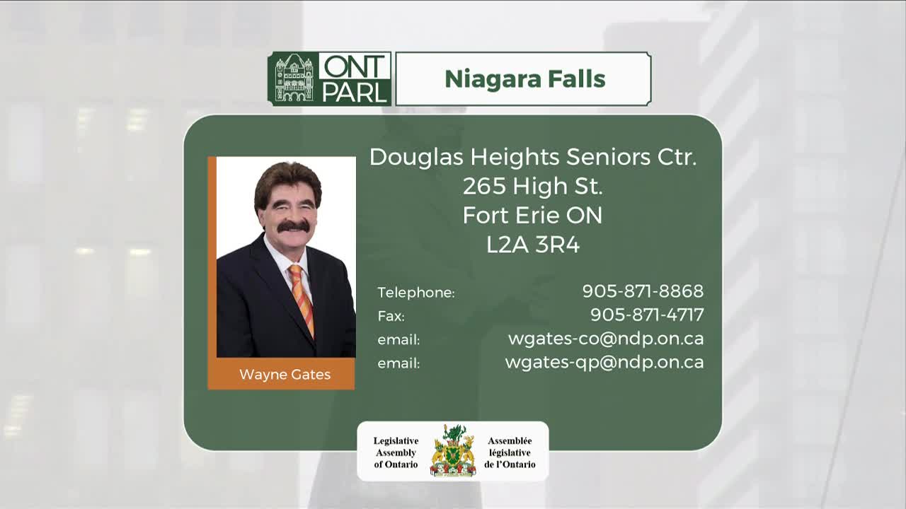 A man in a suit and orange tie smiles from a photo. His name, Wayne Gates, appears below him. The text beside his picture lists contact information for Douglas Heights Seniors Ctr. in Fort Erie, ON.