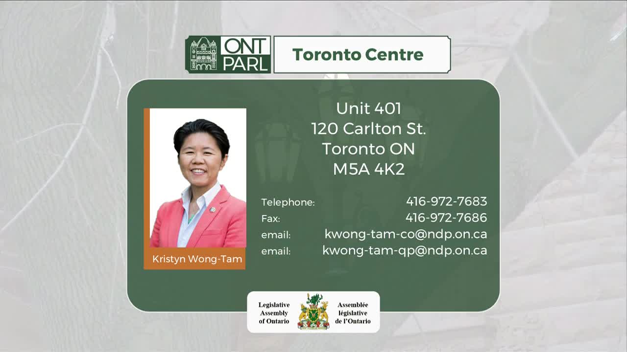 A portrait of Kristyn Wong-Tam, MPP for Toronto Centre, is displayed. Contact information for her office at 120 Carlton Street is also present.