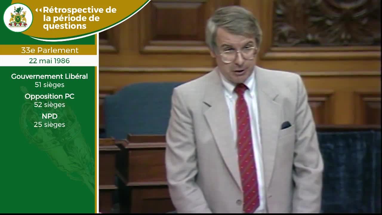 A man in a light suit and red tie stands at a podium, speaking. This is during Question Period at the Legislative Assembly of Ontario on May 22, 1986.