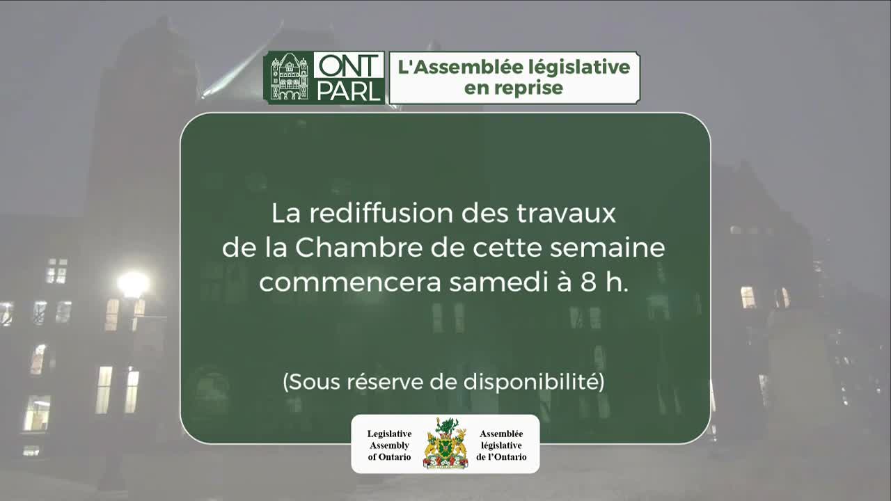 The Legislative Assembly of Ontario is broadcasting a rerun of this week's chamber proceedings starting Saturday at 8 AM. This broadcast is subject to availability.