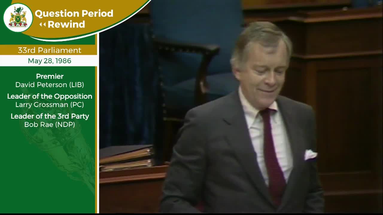The Premier, David Peterson, stands in the Legislative Assembly of Ontario, a slight smile on his face. He's wearing a dark suit and a maroon tie.