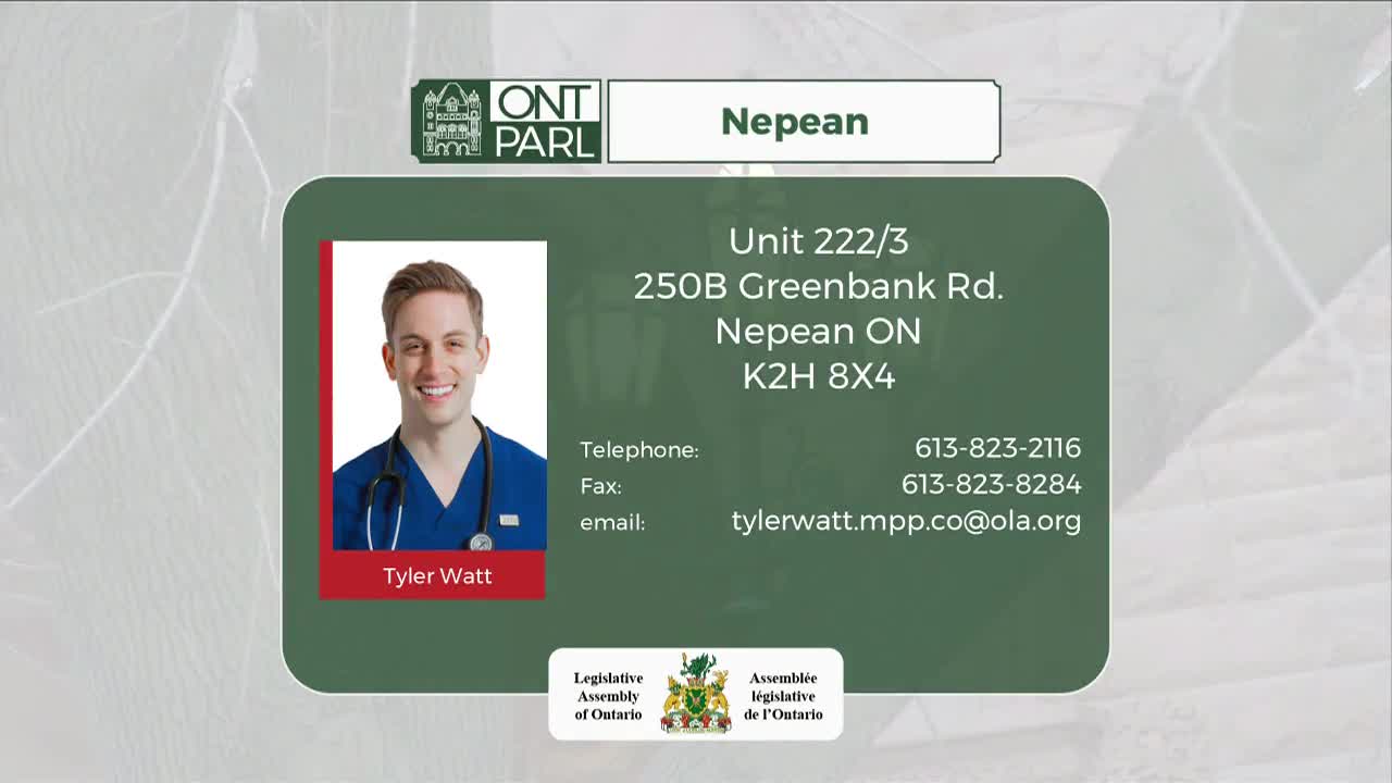 A man in blue scrubs smiles from a portrait. His contact information for the Legislative Assembly of Ontario in Nepean is listed beside him.