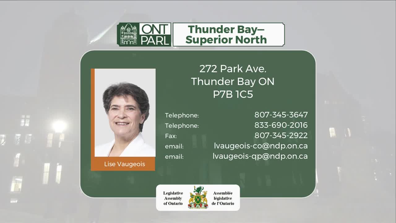 A portrait of Lise Vaugeois is displayed next to her contact information for Thunder Bay—Superior North. The Legislative Assembly of Ontario's crest appears below the details.