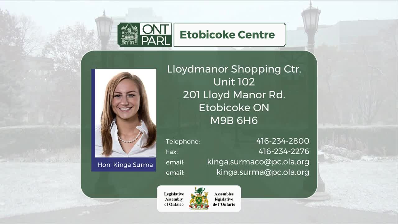 A professional headshot of Hon. Kinga Surma is displayed next to her contact information for her Etobicoke Centre constituency office. The Legislative Assembly of Ontario crest appears at the bottom, confirming her role.