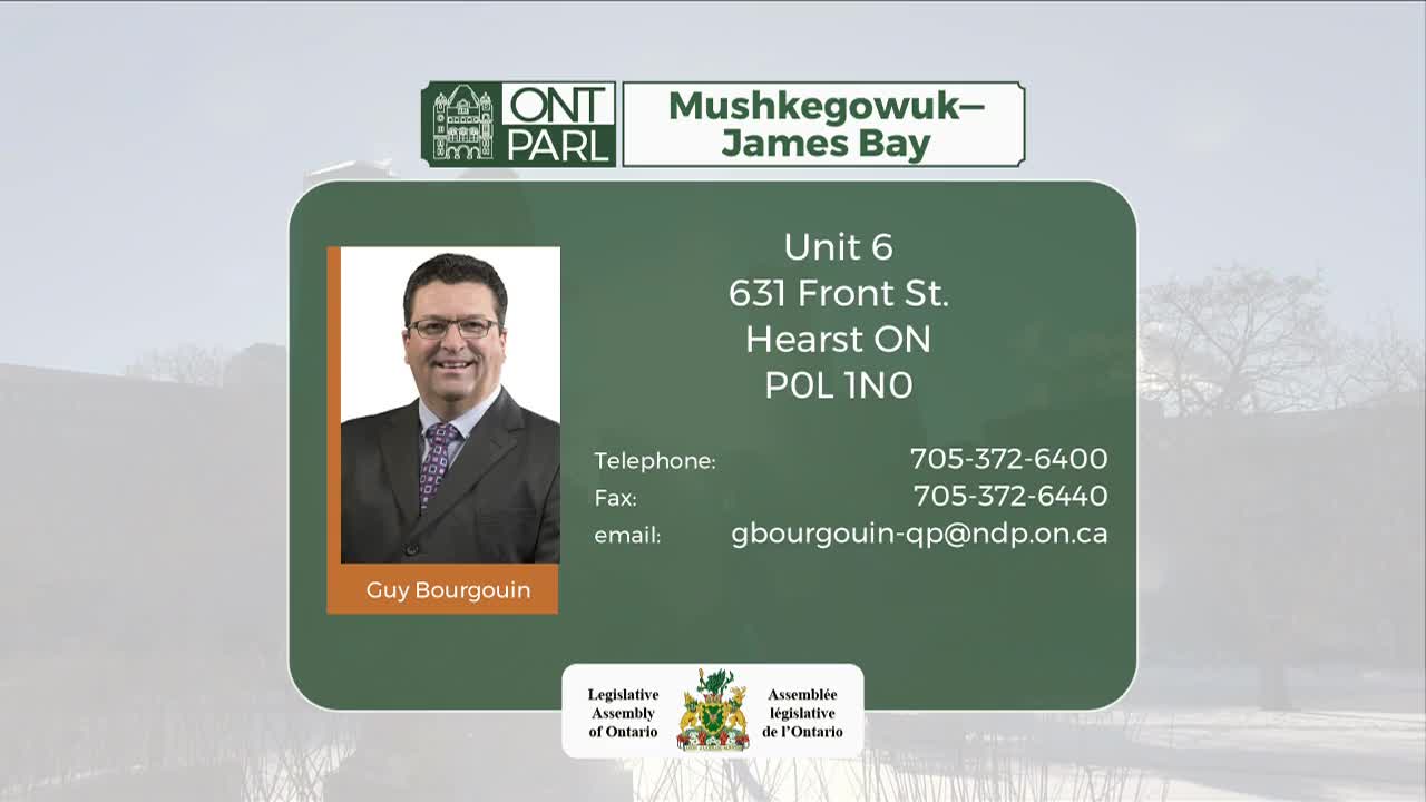 A portrait of Guy Bourgoin, identified with the Mushkegowuk-James Bay riding, is displayed. Contact information for his office at 631 Front St. in Hearst, Ontario, is listed below his image.