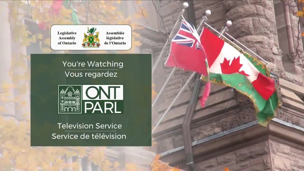 The Ontario and Canadian flags snap in the breeze against the stone facade of the Legislative Assembly building. A green screen graphic overlays the scene, indicating "ONT PARL Television Service."