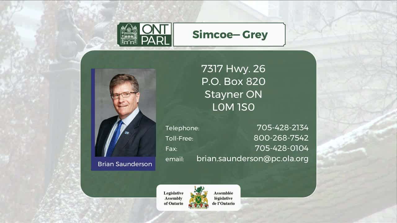A man in a suit and tie smiles from a portrait on a green card. Contact information for Brian Saunderson, representing Simcoe—Grey in the Legislative Assembly of Ontario, is listed below his photo.